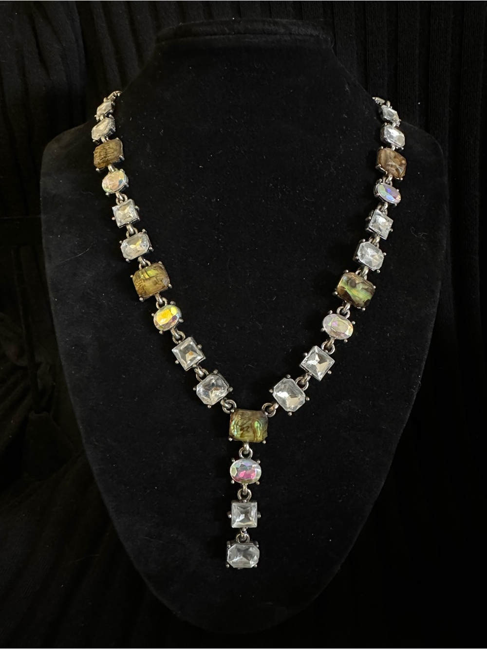 Vintage Style Crystal and Aurora Borealis Necklace Green Clear Boho Glam